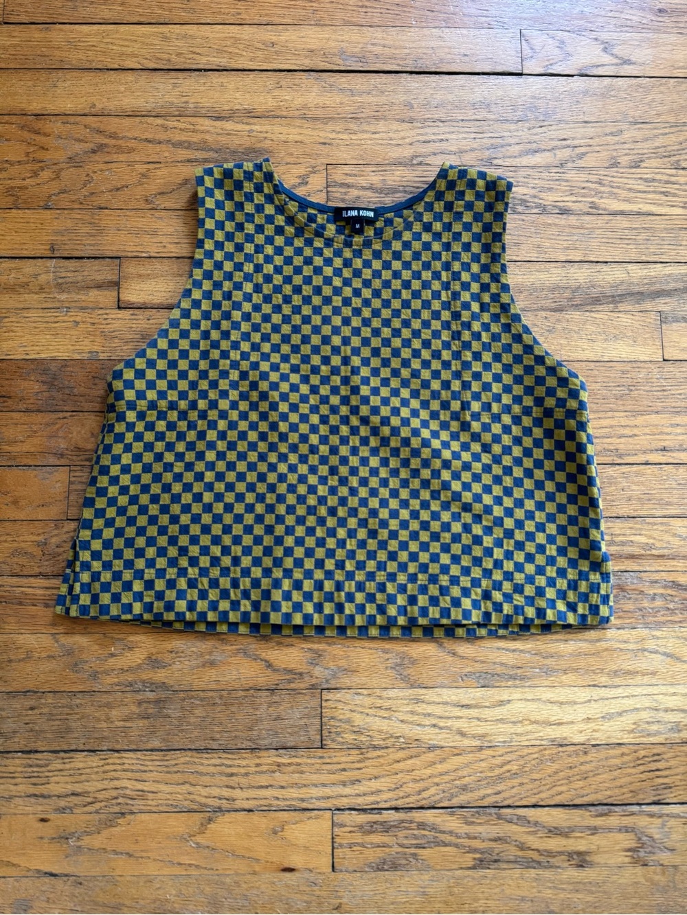 Ilana Kohn Mustard & Navy Checkerboard Sleeveless Crop Top